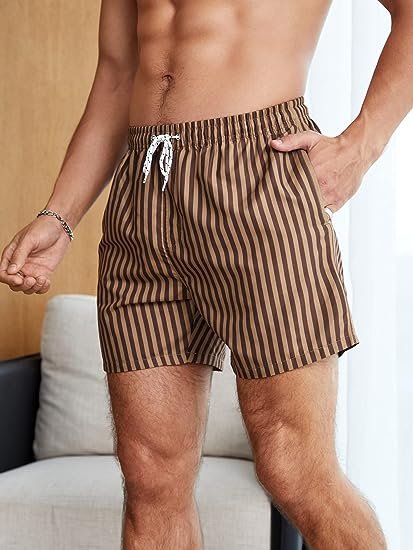 Men's Drawstring Waist Swim Trunks Striped Print Pocket Shorts