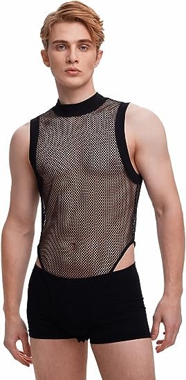 Men's Fishnet Mesh Mock Neck Tank Tops Sleeveless Tee Tops Bodysuit