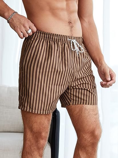 Men's Drawstring Waist Swim Trunks Striped Print Pocket Shorts